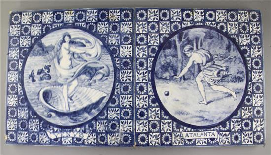 A pair of large Minton, Hollins & Co. hand painted blue and white tiles Venus and Atalanta, c.1871-75, 29cm square